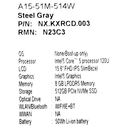 156НоутбукAcerAspire15A15-51M-514Wсерый_7_5451185