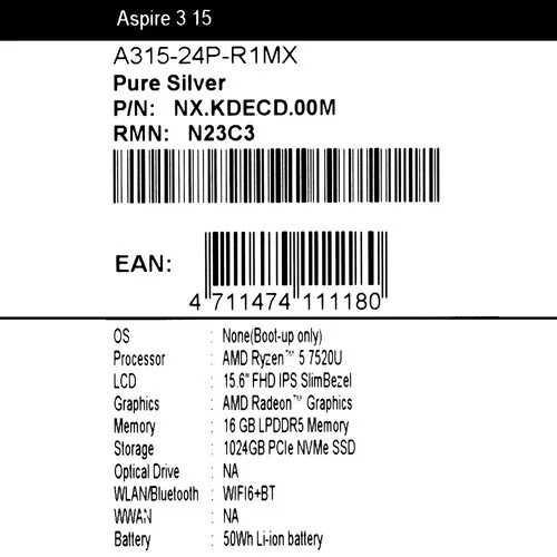 156НоутбукAcerAspire3A315-24Pсеребристый_1_5459990