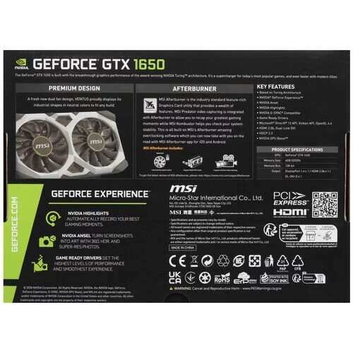 ВидеокартаMSIGeForceGTX1650D6VENTUSXSOCV3[GeForceGTX1650D6VENTUSXSOCV3]_8_5428793